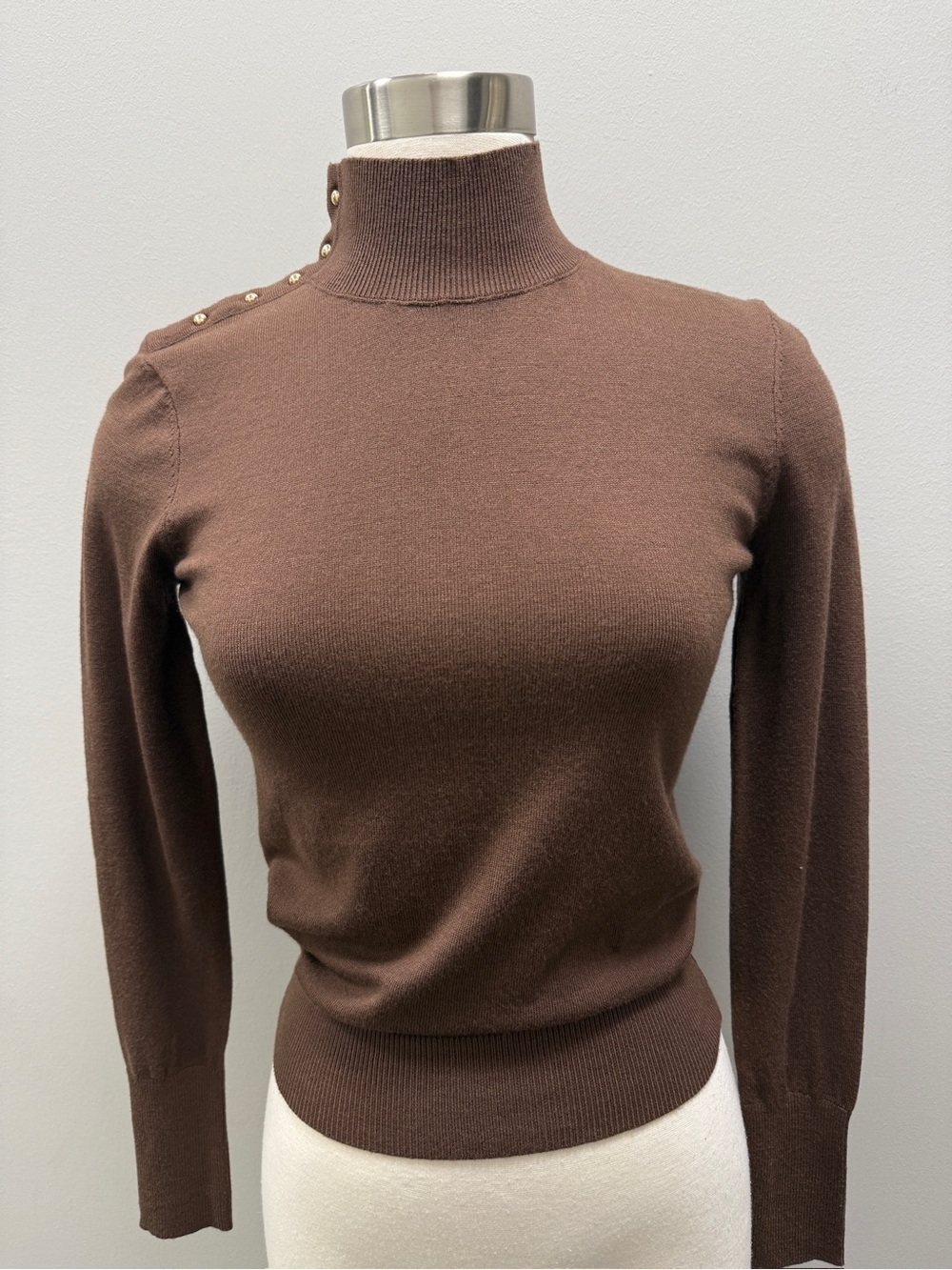 Women's Chocolate Brown Mock Neck Top with Functional Shoulder Button Detail